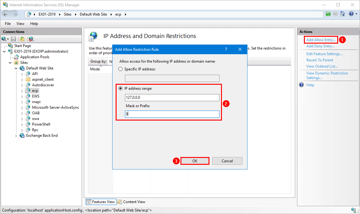 Disable external access to ECP Exchange Server add allow entry