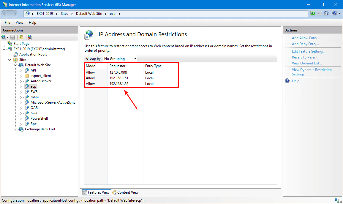 Disable external access to ECP Exchange Server allowed entries