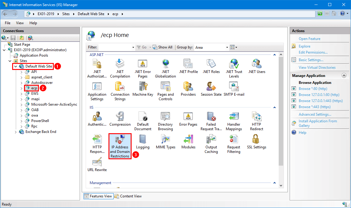 Disable external access to ECP Exchange Server open IIS Manager