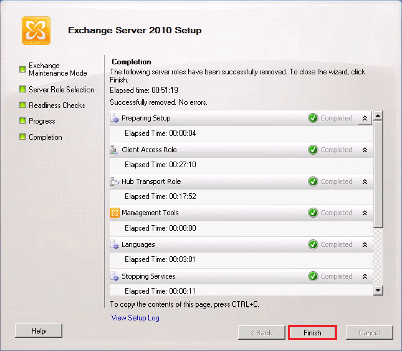Uninstall Decommission Exchange Server 2010 HUB and CA completion