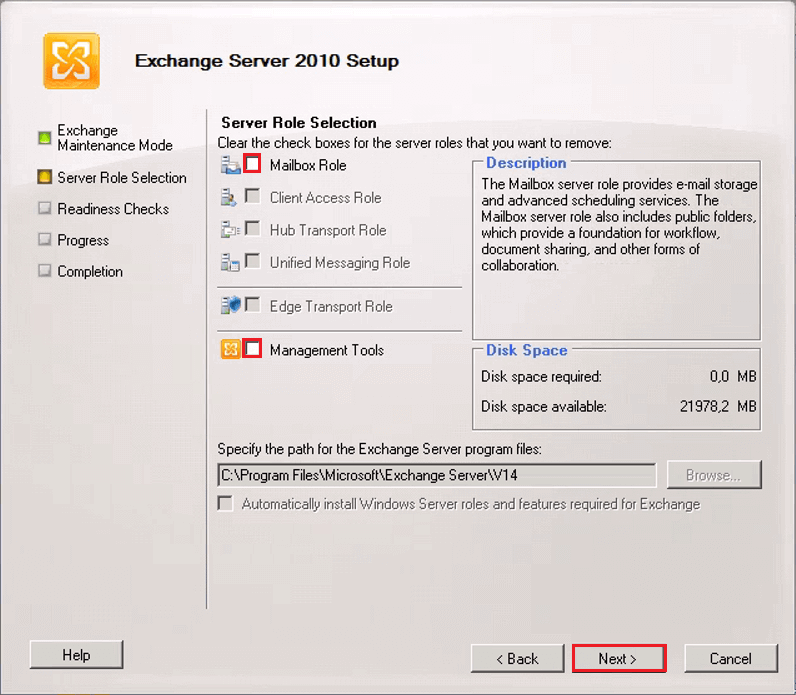 Uninstall Decommission Exchange Server 2010 Server Role Selection
