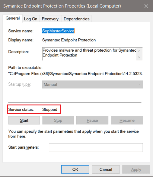 disable symantec endpoint protection service status stopped