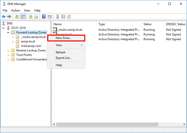 Configure internal DNS Exchange 2016 Create New Zone in Forward Lookup Zones autodiscover