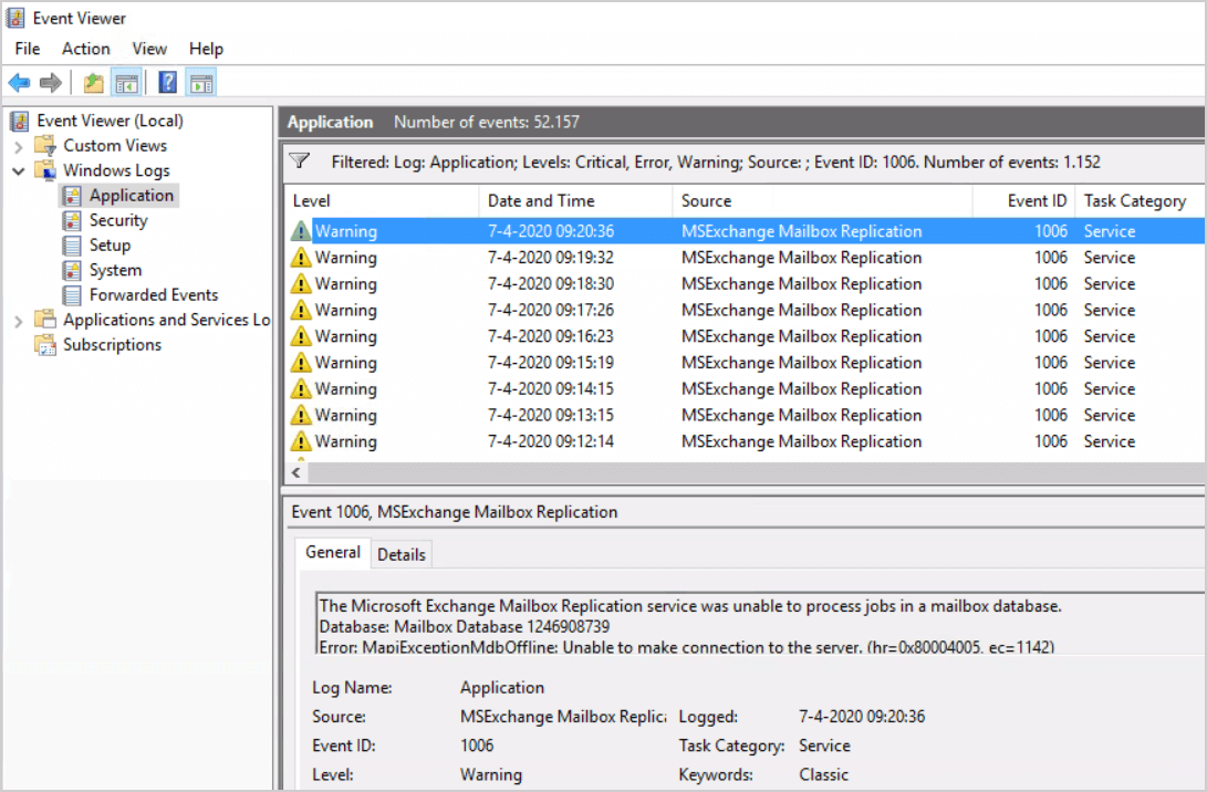 MSExchange mailbox replication warning Event ID 1006 Event Viewer