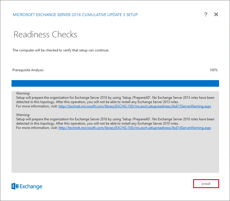 Install Exchange Server 2016 Readiness Checks finished