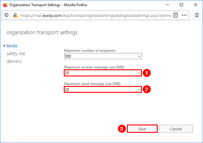 Attachment size limit Exchange 2016 organization transport settings receive connectors