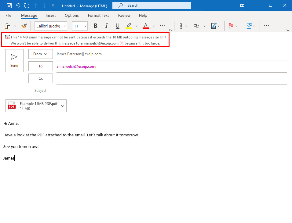 Attachment size limit Exchange Server Outlook notification