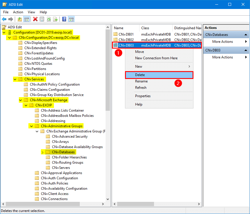 Cannot delete mailbox database Exchange Server ADSI Edit delete database