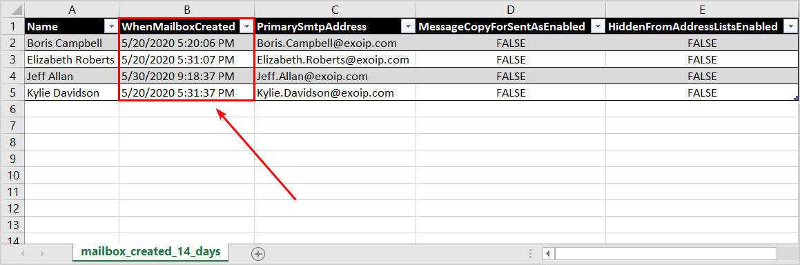 Check mailbox creation date in Exchange Server export CSV