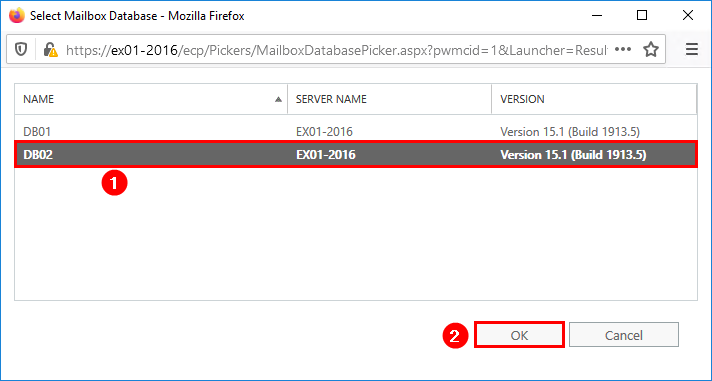 Create user mailbox in Exchange 2016 select database