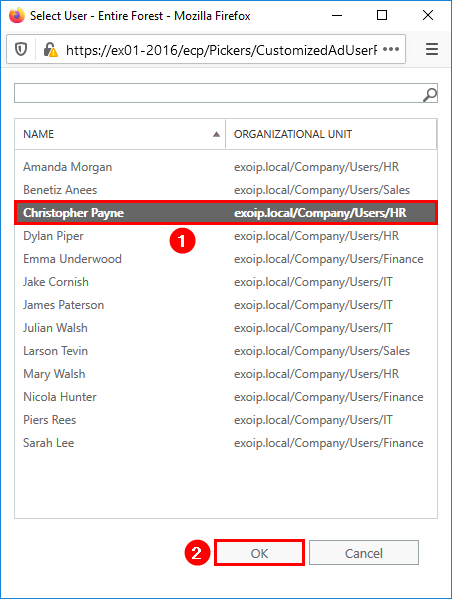 Create user mailbox in Exchange 2016 select user