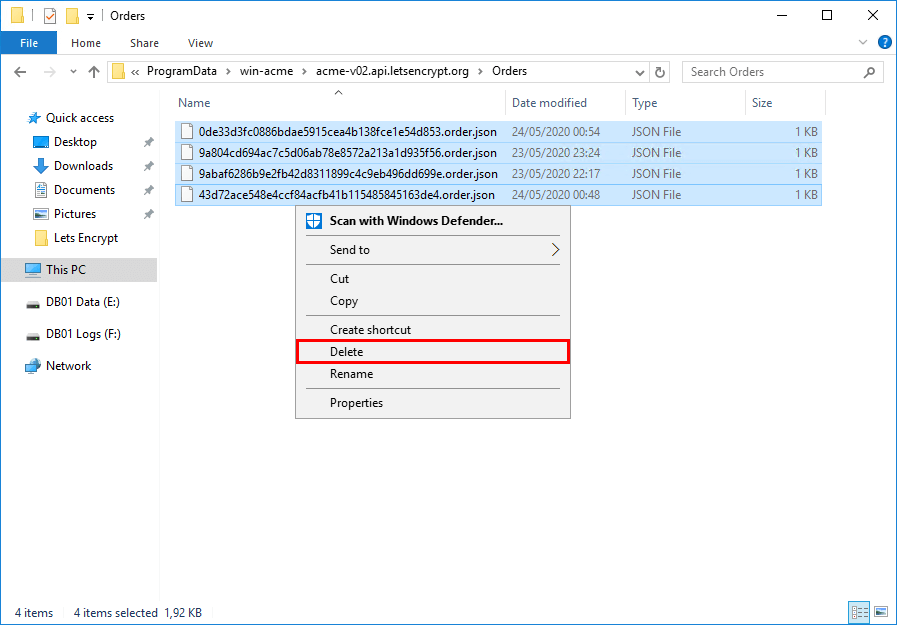 Lets Encrypt unable to install certificate (0x80070520 orders folder