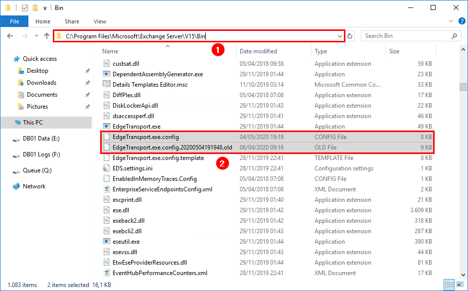 Move mail queue Exchange 2016 to another location EdgeTransport.exe.config