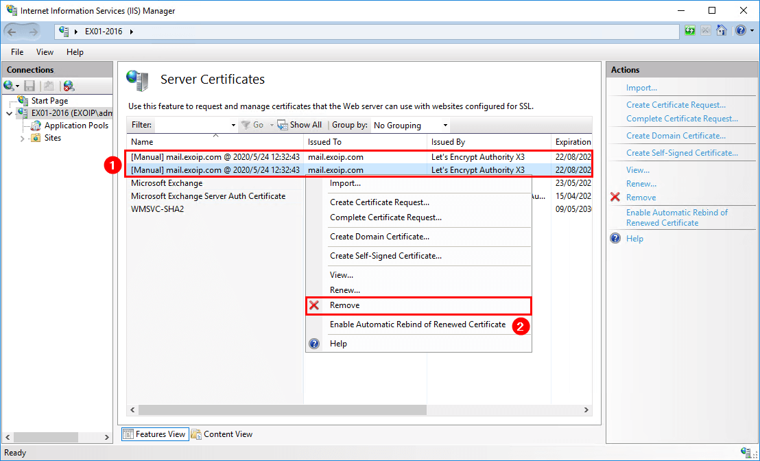 Remove Lets Encrypt certificate in Windows Server IIS certificates