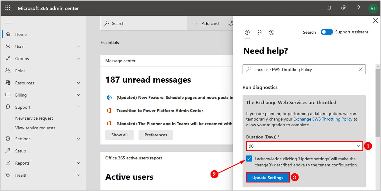 Disable EWS throttling in Office 365 duration days