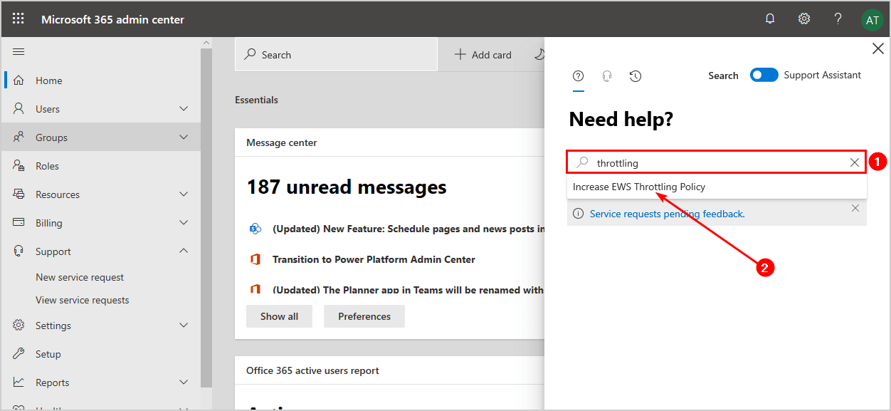 Disable EWS throttling in Office 365 search for throttling