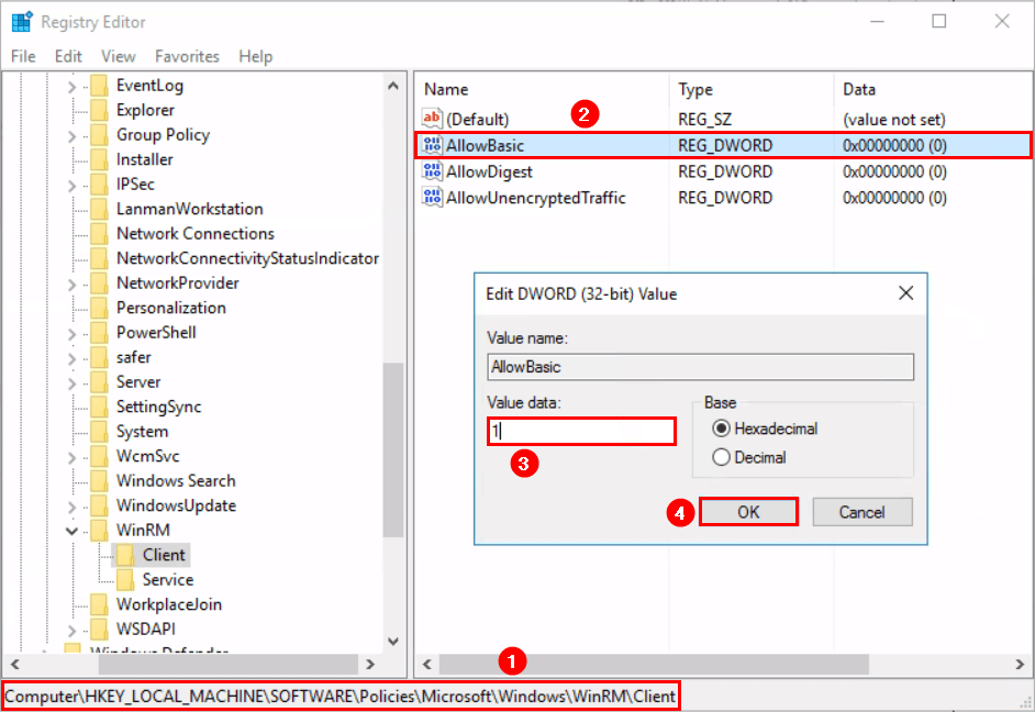 Hybrid Configuration Wizard basic authentication is disabled registry editor