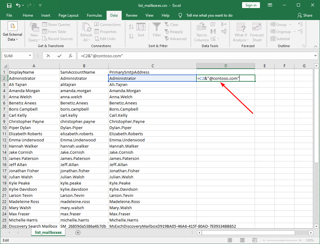 Add email address to list of names in Excel add formula
