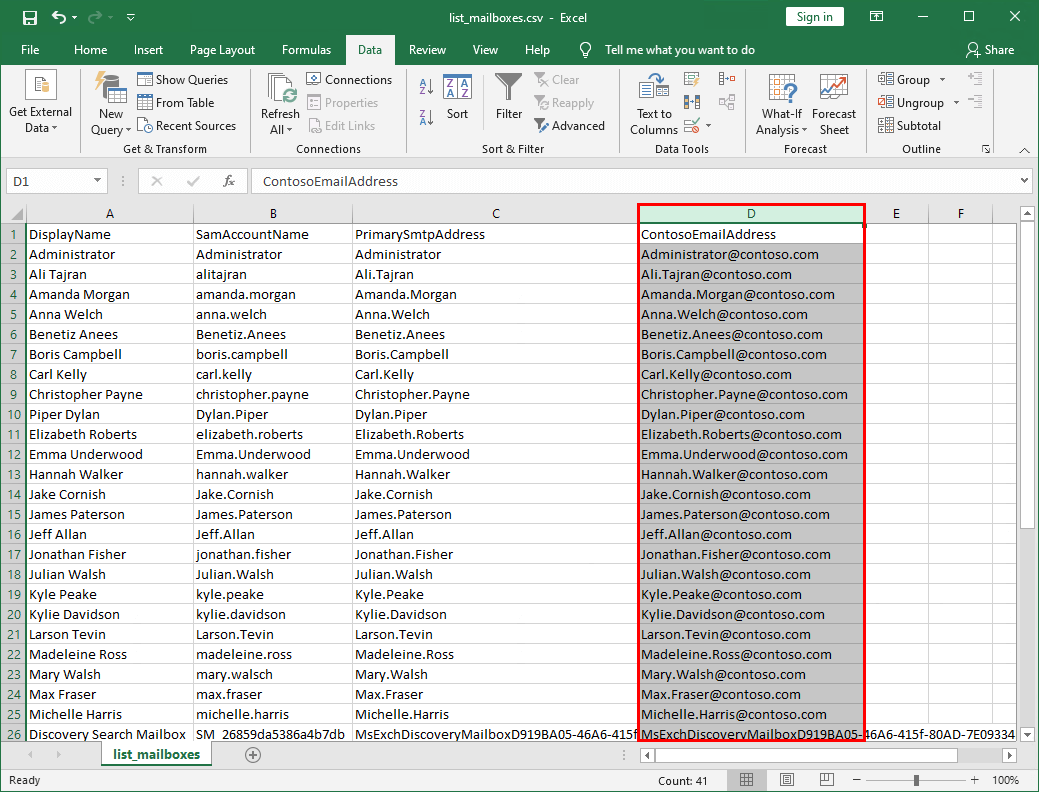 Add email address to list of names in Excel column finish