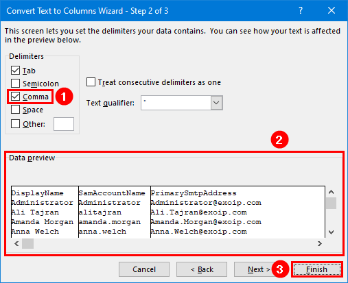 Add email address to list of names in Excel delimiters comma
