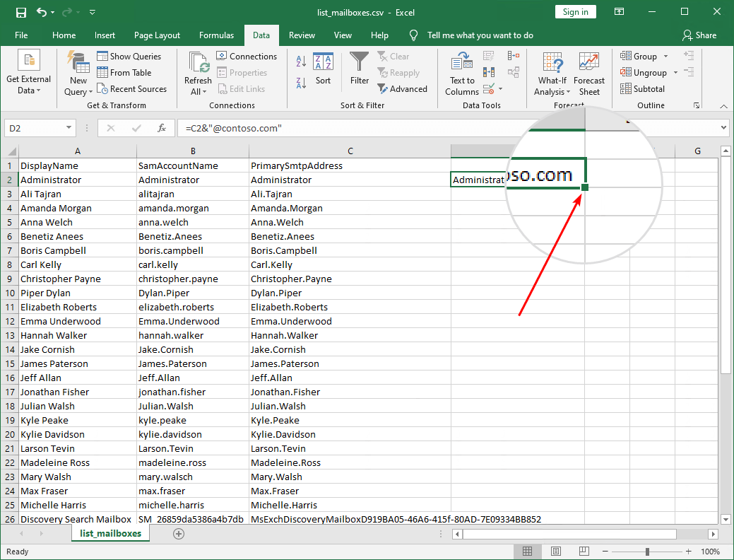 Add email address to list of names in Excel fill all cells