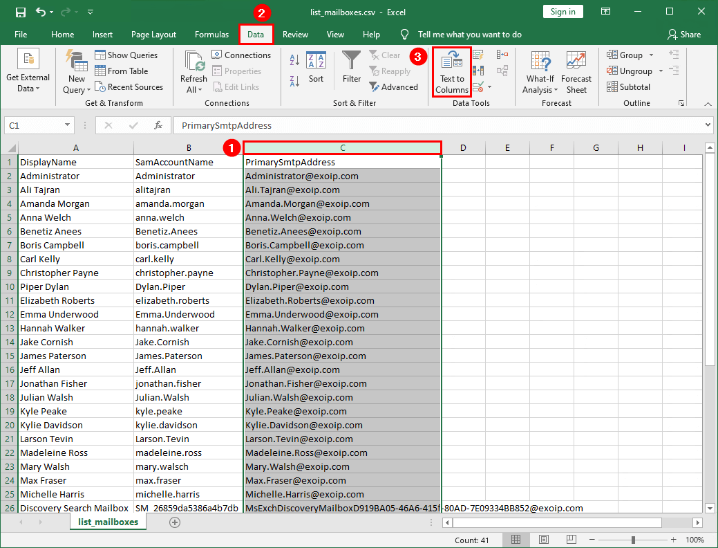 Add email address to list of names in Excel text to column part two