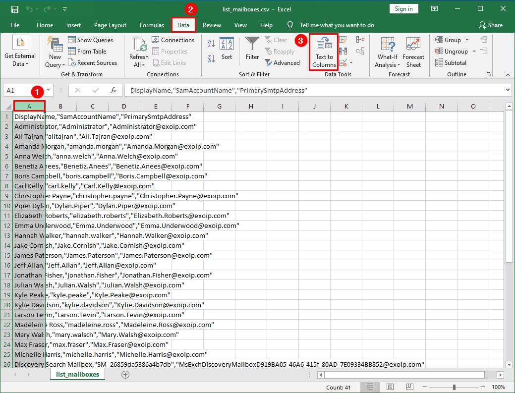 Add email address to list of names in Excel text to columns