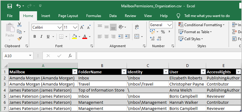 Export mailbox folder permissions to CSV file all users Excel