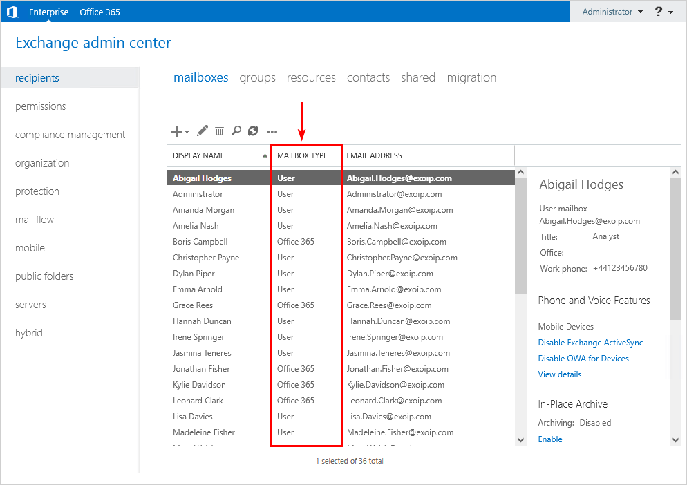 Determine if a mailbox is on premises or in Office 365 Exchange Admin Center