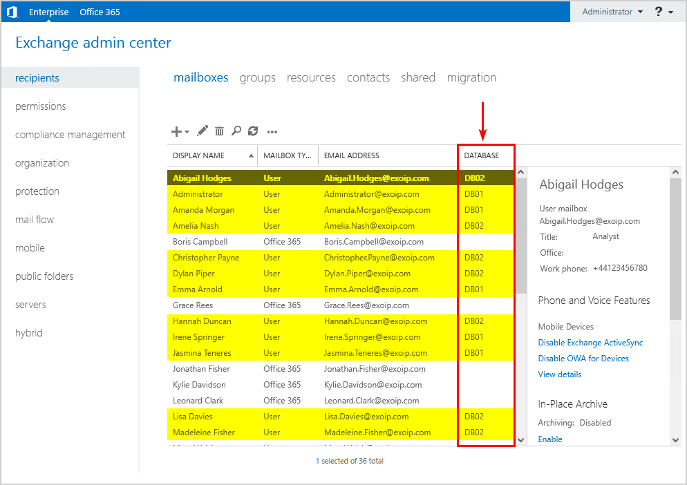 Determine if a mailbox is on-premises or in Office 365 list view with column database