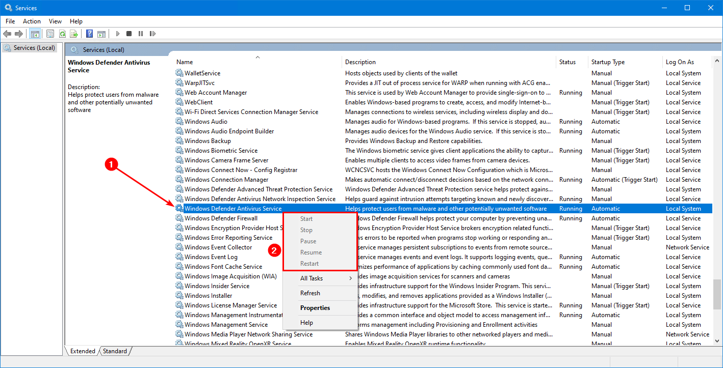 Turn off Windows Defender in Windows 10 services