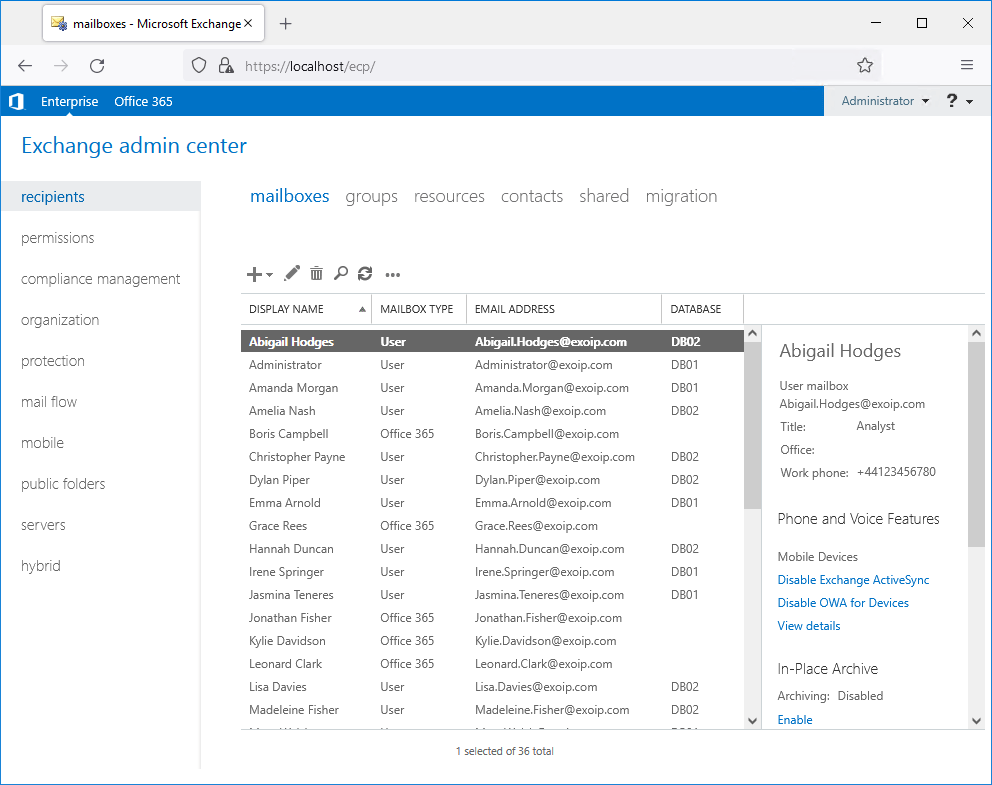 Check which mailboxes are in sync with Office 365 Exchange Admin Center