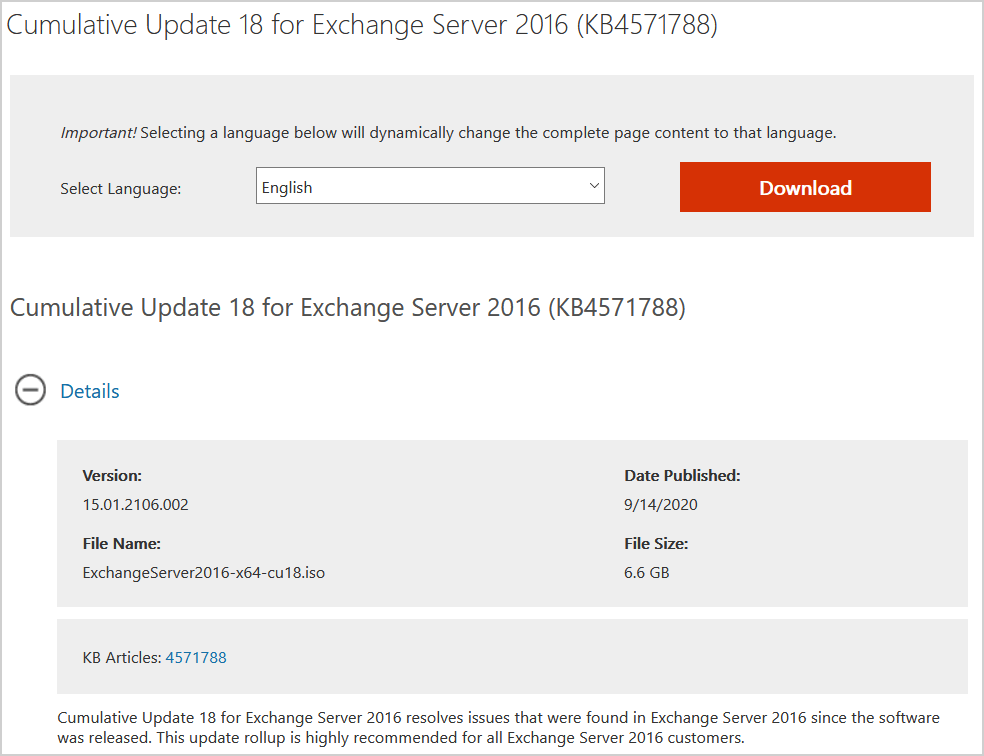 Cumulative Update 18 for Exchange Server 2016 download