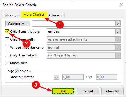 Mark all messages as read in Outlook search folder criteria