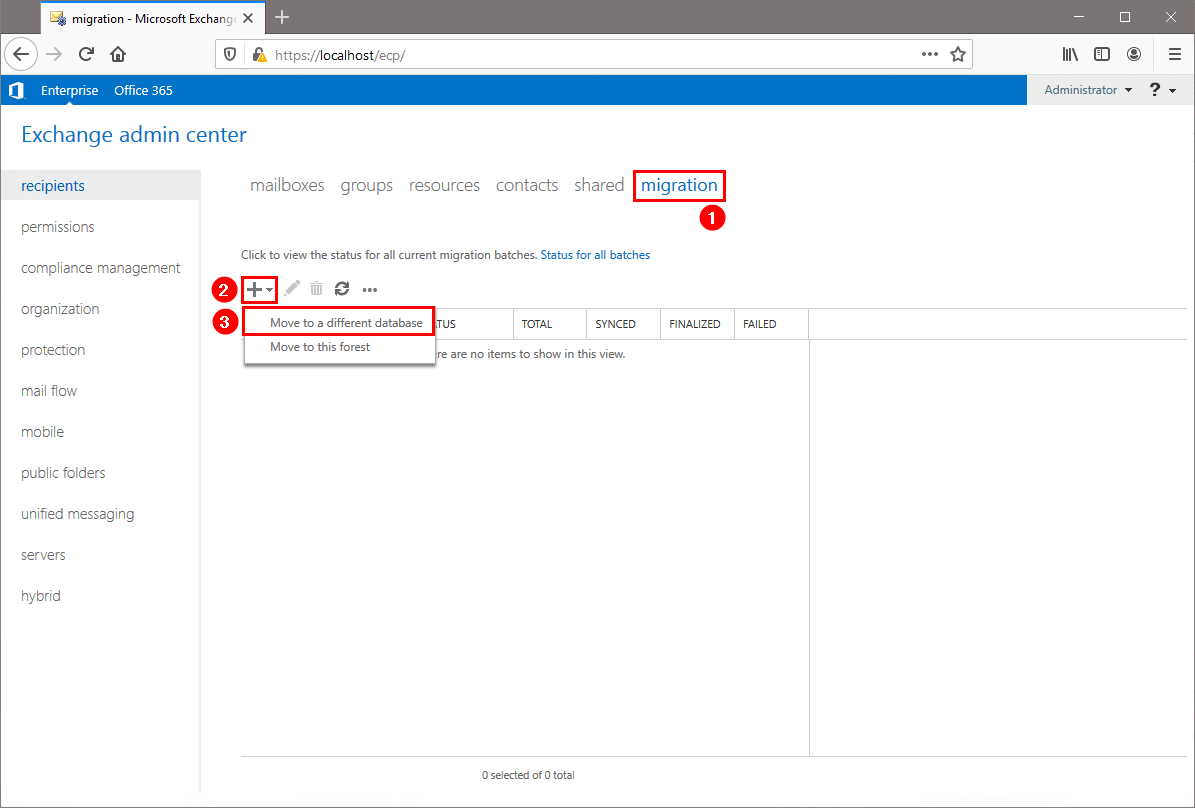 Move mailbox in Exchange Admin Center move to different database