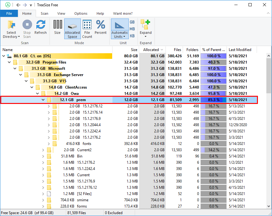 Remove old Exchange OWA files to free up disk space TreeSize