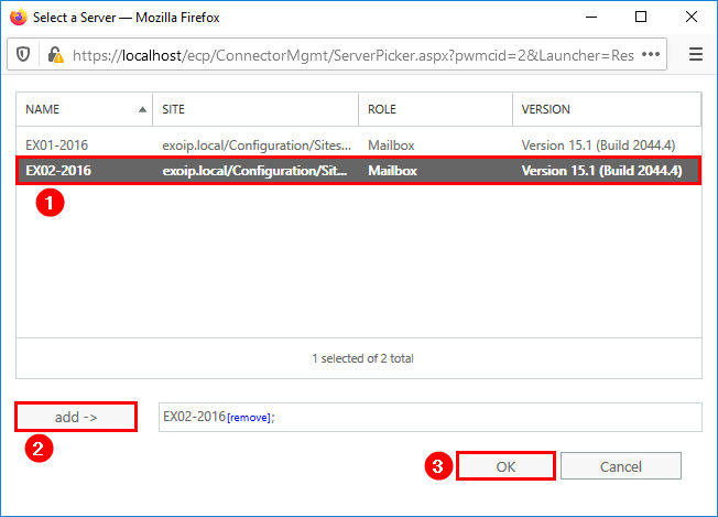 Add Exchange Server to existing send connector select a server