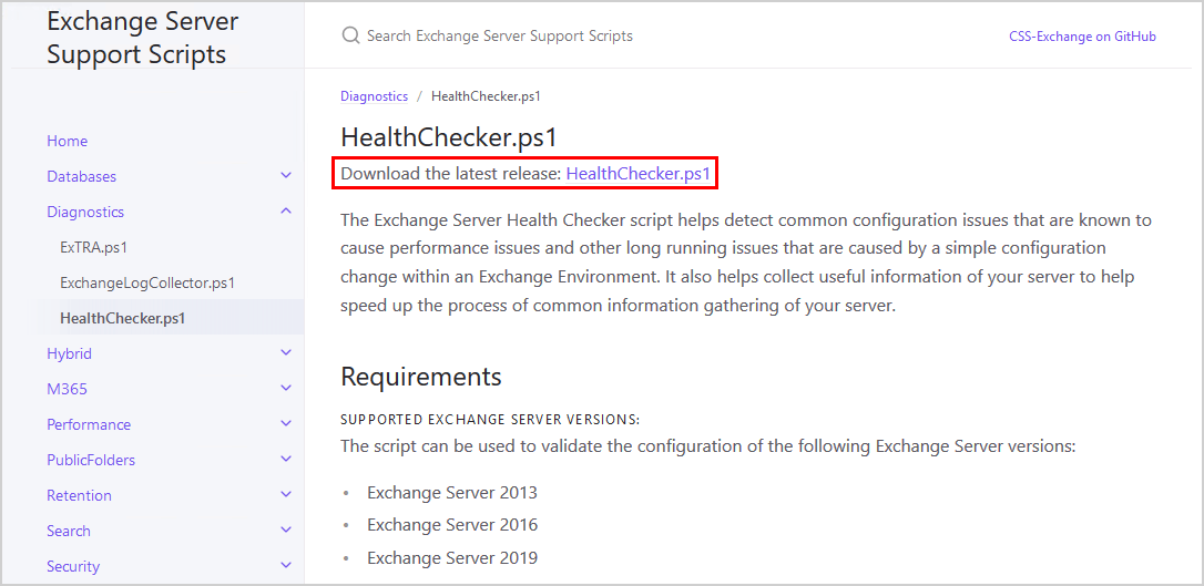 Download Exchange health checker PowerShell script from GitHub