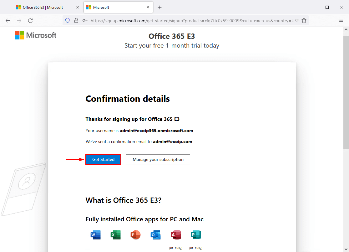 Sign up Office 365 E3 trial finished