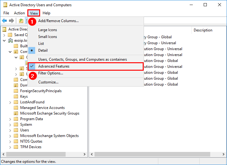 Enable advanced features in Active Directory Users and Computers