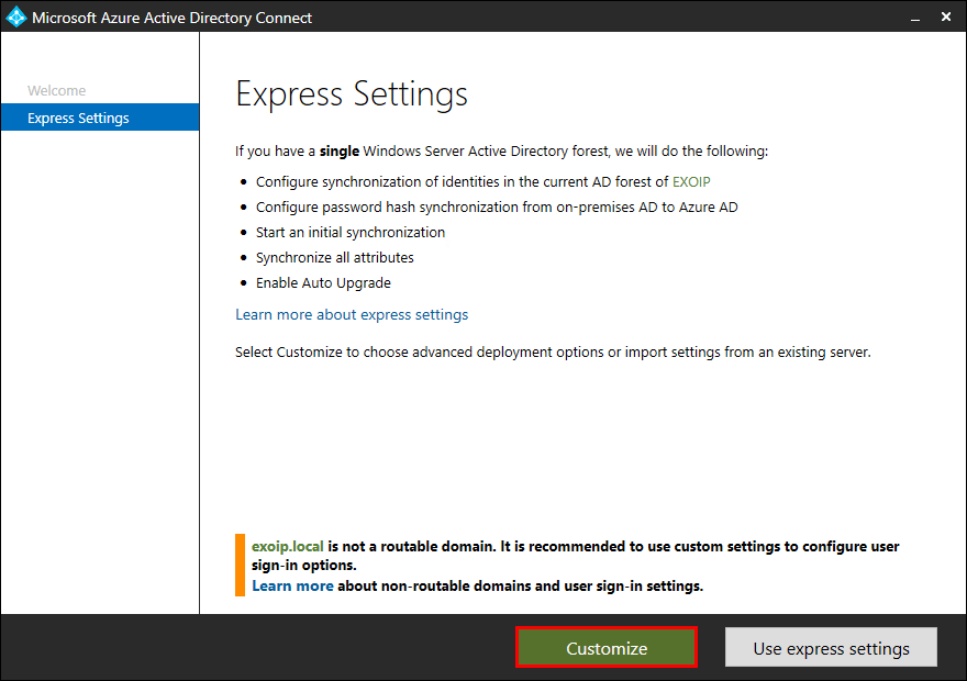 Azure AD Connect Express Settings