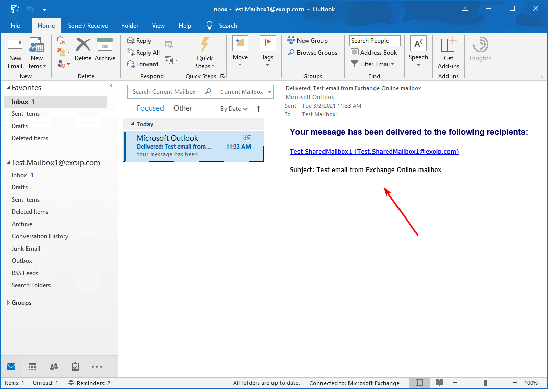 Create Office 365 shared mailbox in Exchange hybrid message delivered