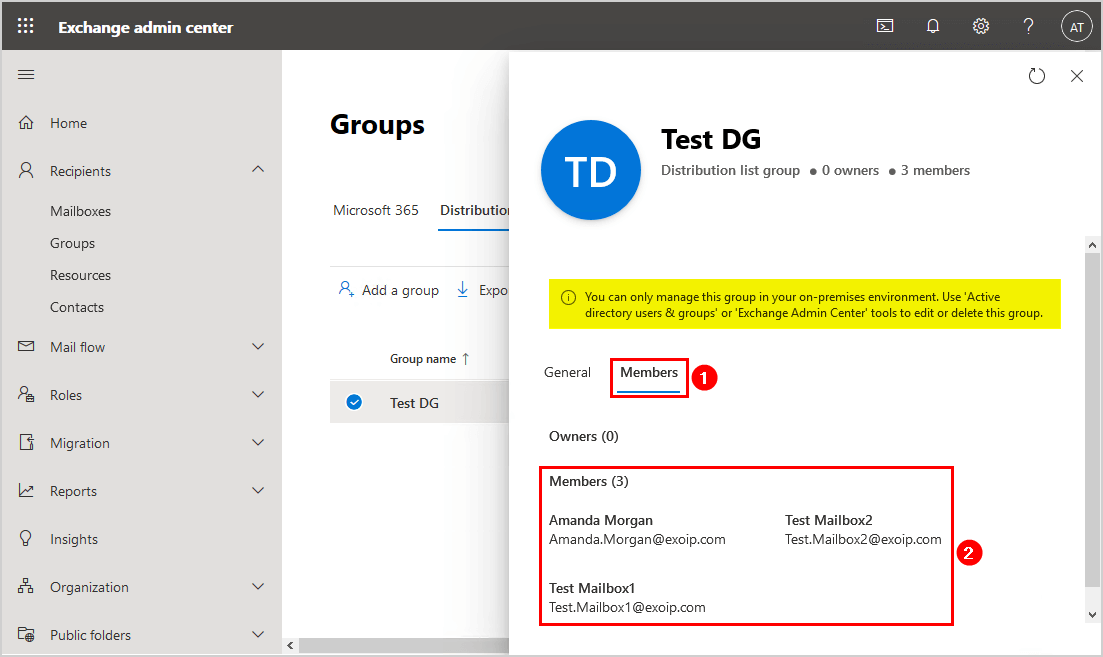 Create distribution group in Exchange hybrid verify members