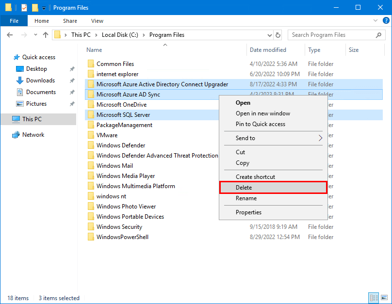 Uninstall Azure AD Connect delete folder in program files