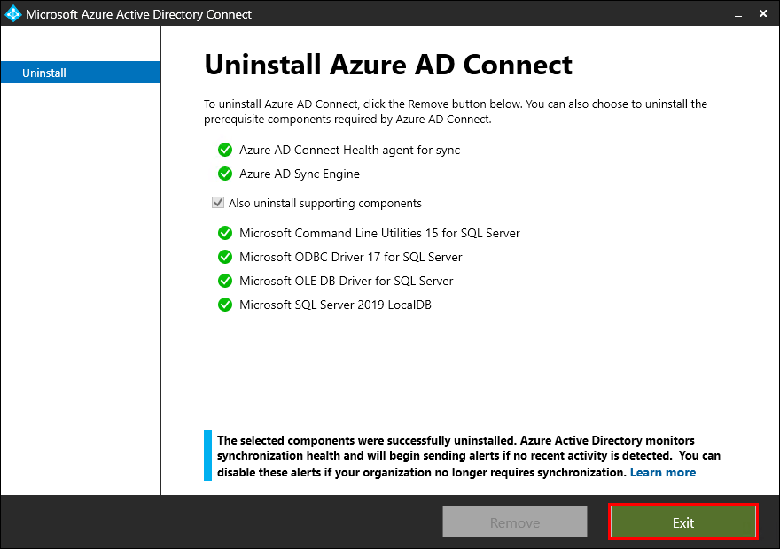 Uninstall Azure AD Connect finish