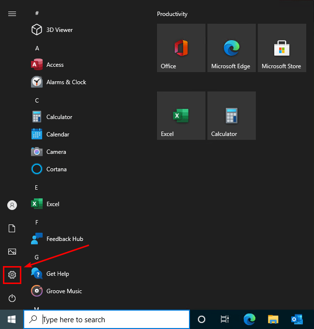 Windows 10 settings start menu