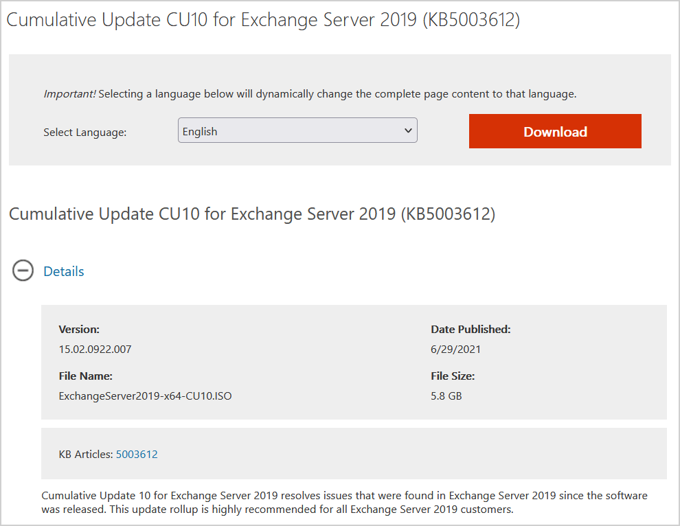 Cumulative Update 10 for Exchange Server 2019 download