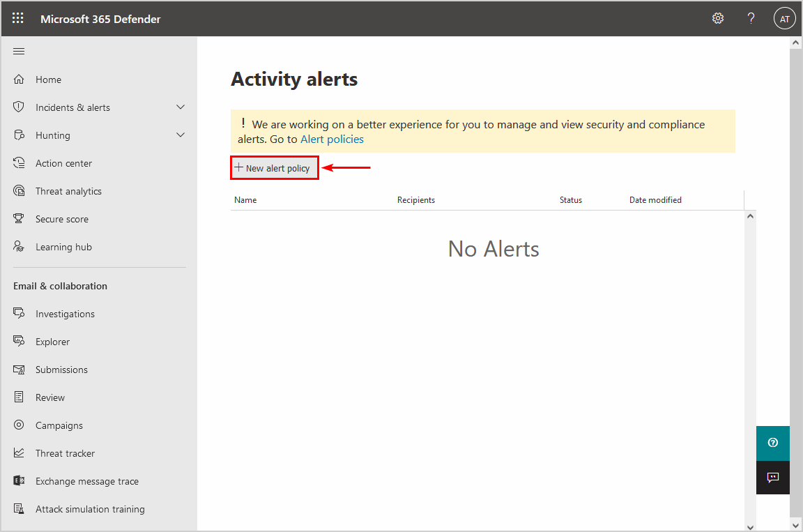 Office 365 security alert  new alert policy