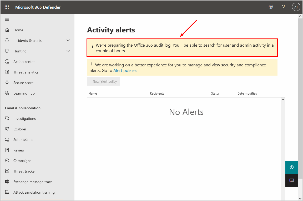Office 365 security alert preparing audit log