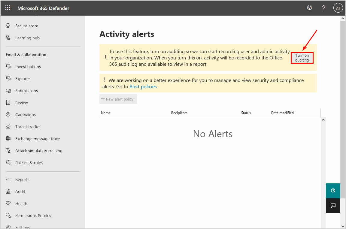 Office 365 security alert turn on auditing